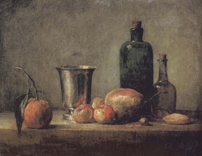 Jean Baptiste Simeon Chardin Orange silver apple pears and two glasses of wine bottles china oil painting image